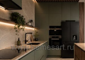 Оливковая кухня в коттедже Вид 06